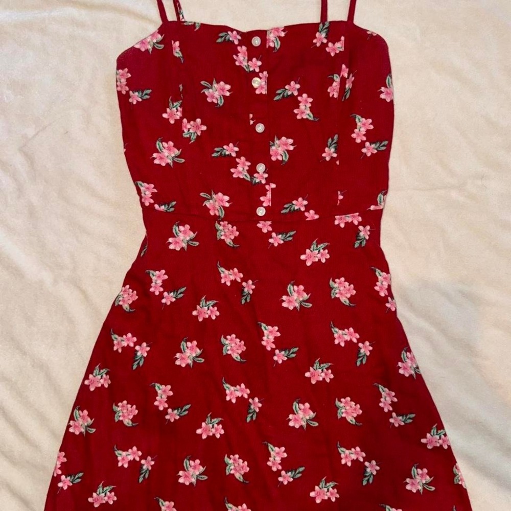 Hollister red with pink floral print dress, adjustable spaghetti strap